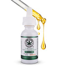 Gotero vertiendo aceite de tintura de CBD CBD Life sobre frasco de 30 mL
