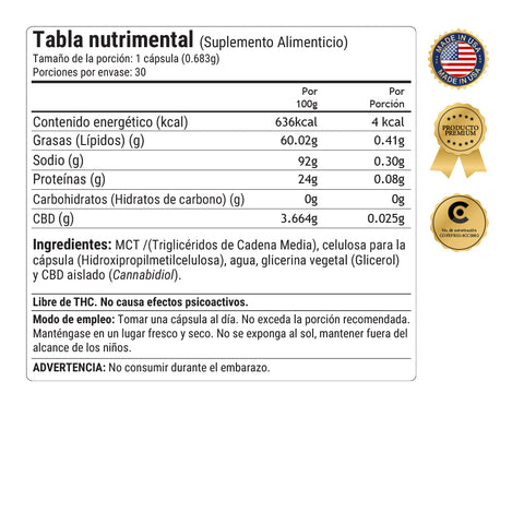 Cápsulas de CBD 25mg | 30 Cápsulas con Aceite MCT de Coco Orgánico