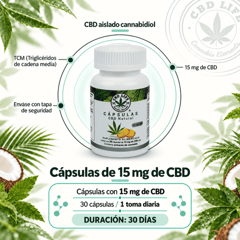 Cápsulas de CBD 15mg | 30 Cápsulas con Aceite MCT de Coco Orgánico - CBD Life