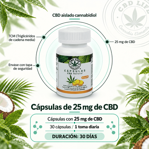 Cápsulas de CBD 25mg | 30 Cápsulas con Aceite MCT de Coco Orgánico - CBD Life