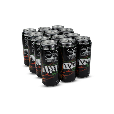Rocket High con CBD, Pack de 12 Bebidas Energéticas Carbonatadas con Guaraná y Cannabidiol