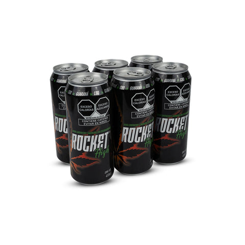 Rocket High con CBD, Pack de 6 Bebidas Energéticas Carbonatadas con Guaraná y Cannabidiol